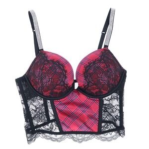 Victoria's Secret Plaid Corset Bra Sparkle Straps Black Lace Push Up 36D